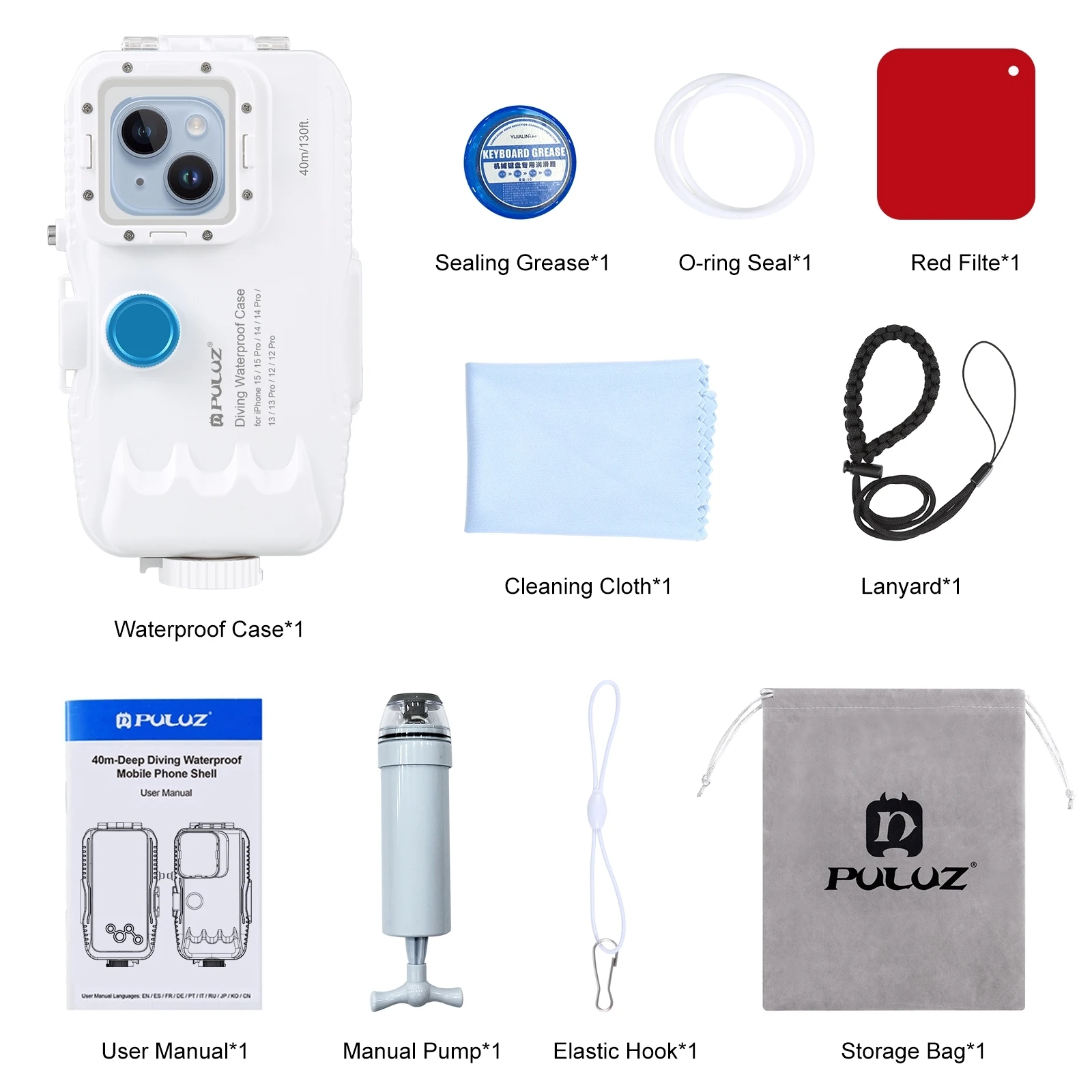 PULUZ 40m/130ft Waterproof Diving Case for iPhone 16 15 14 13 12 Pro with One-way Valve Photo Video Underwater Housing Cover