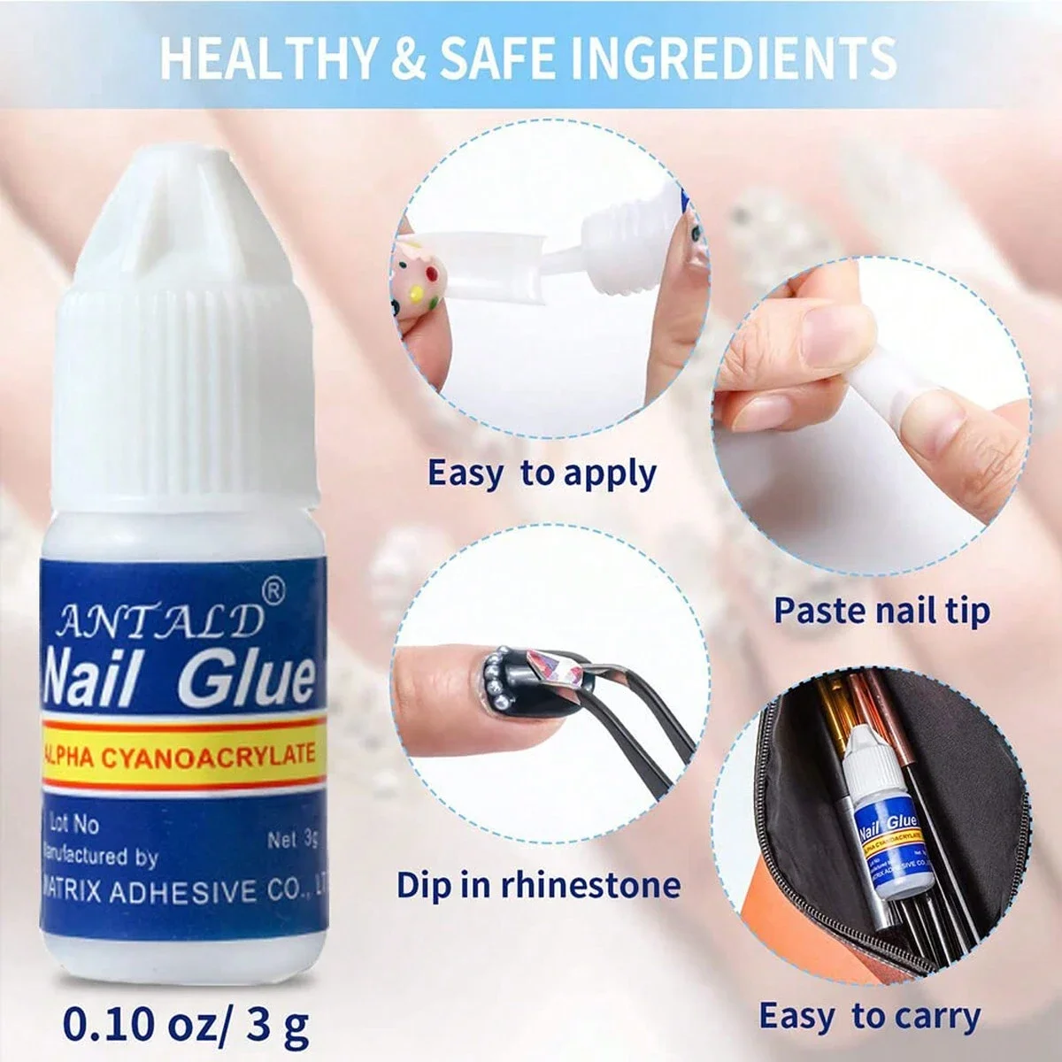 5pcs*3g Strong Adhesive Nail Glue -Fast Drying Nail Bond Glue for Acrylic False Nail Tips Gem Rhinestone Jewelry Sticky Glue Gel 5