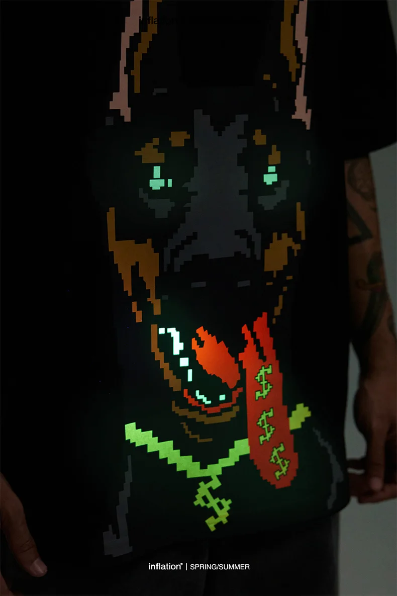 INFLATION Glow-in-the-Dark Doberman Print T-Shirt American Streetwear Loose Fit 100% Cotton Short Sleeve for Men