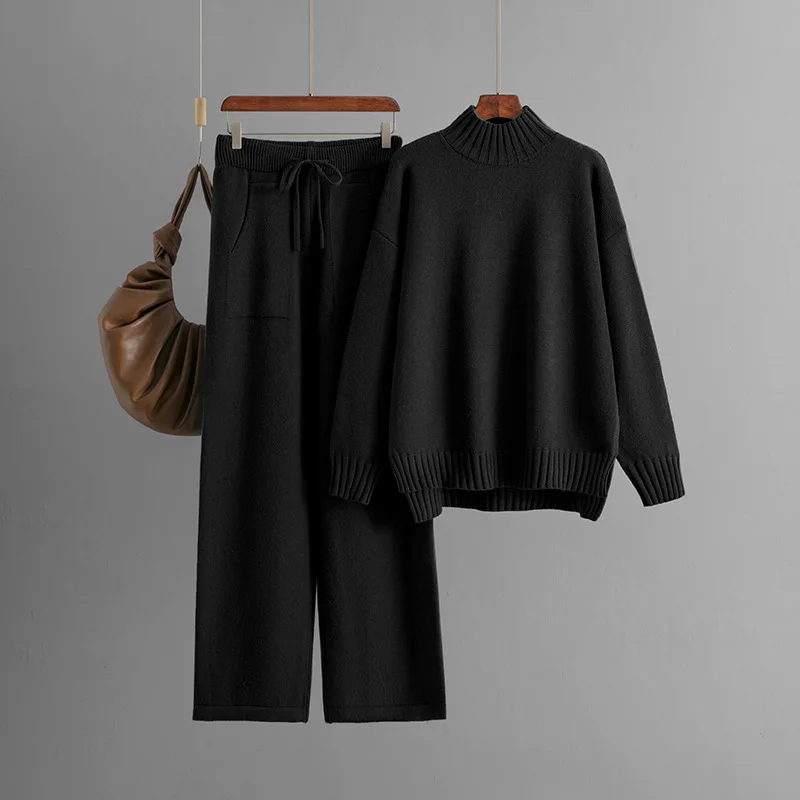 Winter Thick Knitted 2 Piece Sets Women Half Turtleneck Knitwears Sweater Pullover Tops Conjuntos High Waist Sweatpants Outfit 4