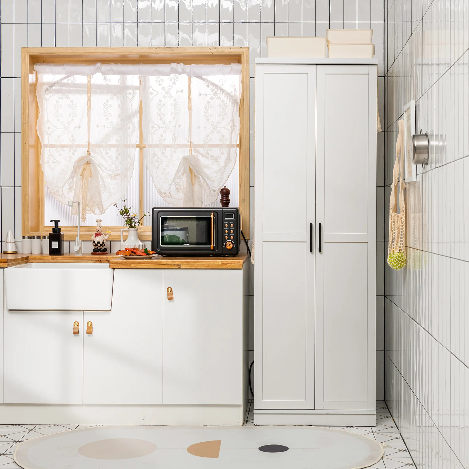 70" Storage Cabinet Freestanding Pantry Cabinet w/2 Doors & 5 Shelves White 3