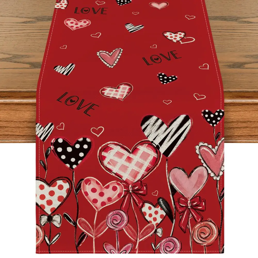 

Red Love Hearts Table Runner, Happy Valentine's Day Farmhouse Home Kitchen Decor, Vintage Wedding Anniversary Holiday Party