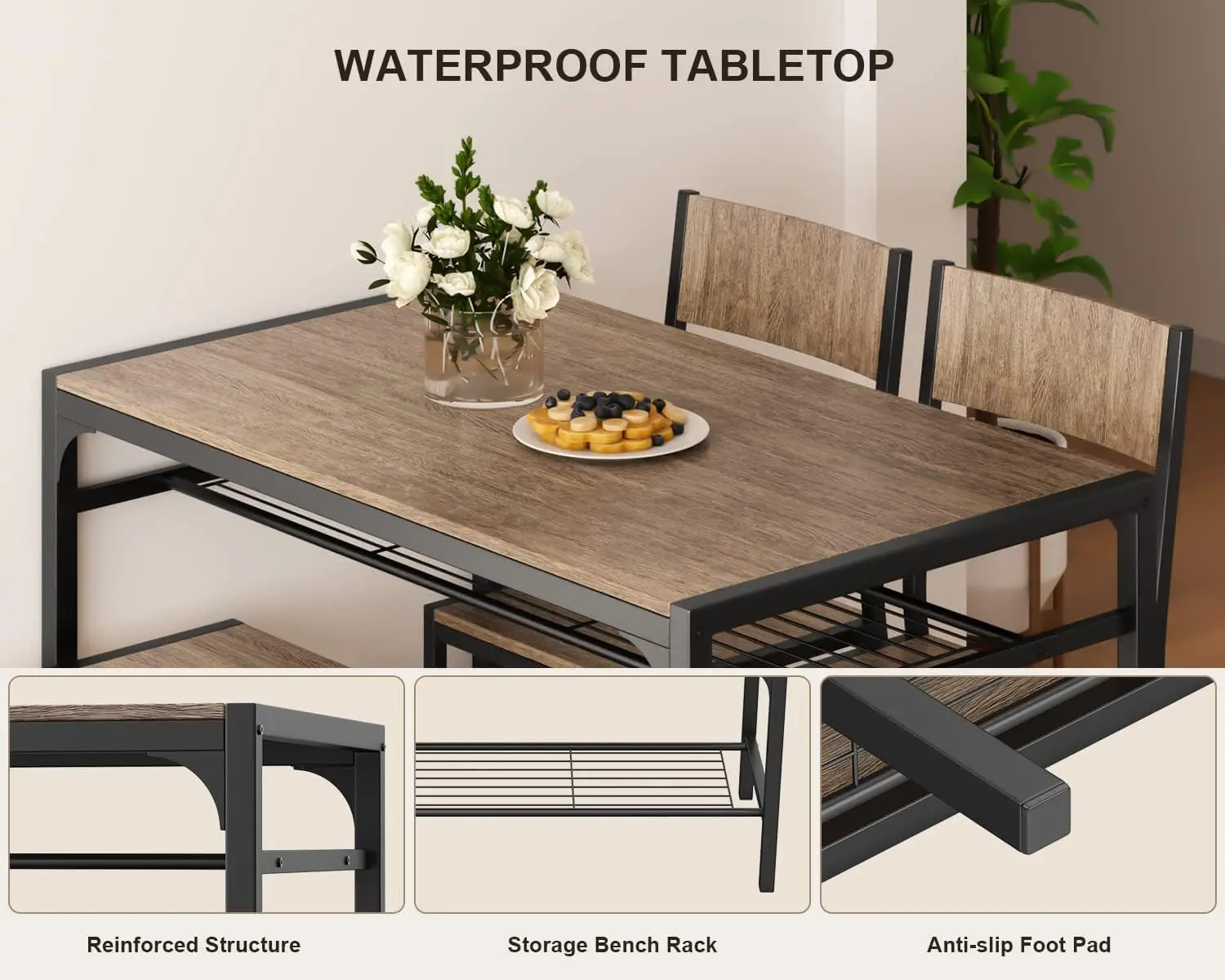 Gizoon Kitchen Table and 2 Chairs for 4 with Bench, 4 Piece Dining Table Set for Small Space, Apartment 5