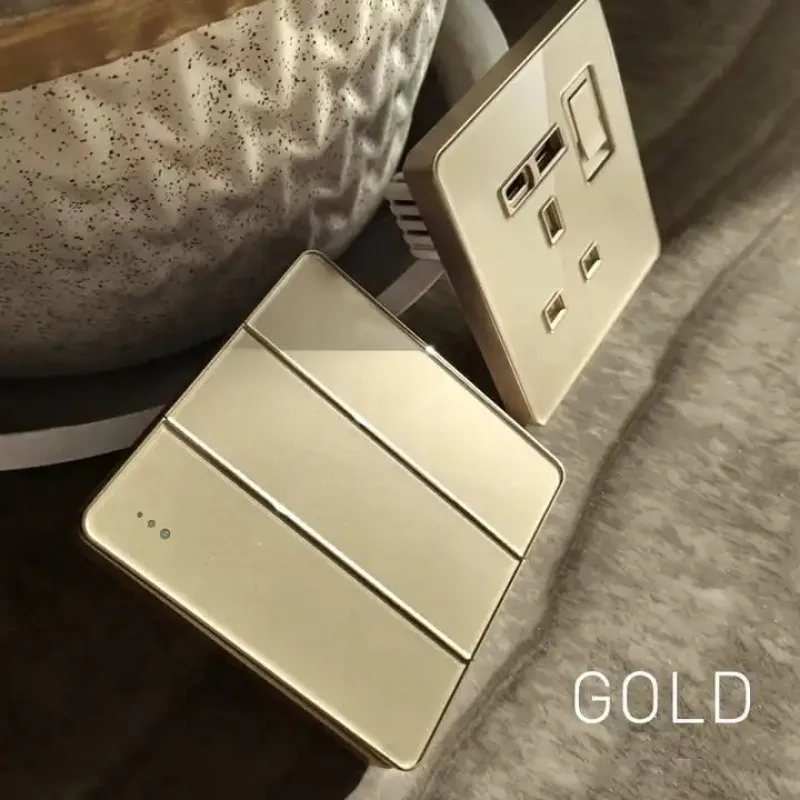 UK Luxury Gold Color Tempered Glass Wall Switches Electric Dimmer Curtain Fan Doorbell Fuse Air Condition Water Heater Switch