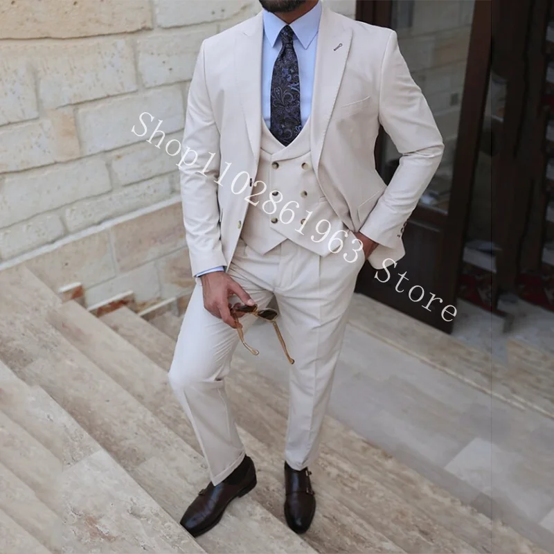 Ivory Weddding Suits For Men Peak Lapel Two Buttons 3 Pieces Formal Groomsmen Bridegroom Wedding Tuxedos Blazer Trajes De Hombre