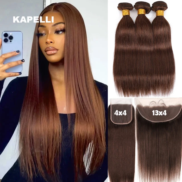 Extensions de Cheveux Humains Lisses Marron Chocolat avec Closure HD 4x4 et Frontal 13x4 – 100% Cheveux Remy Bruts 1