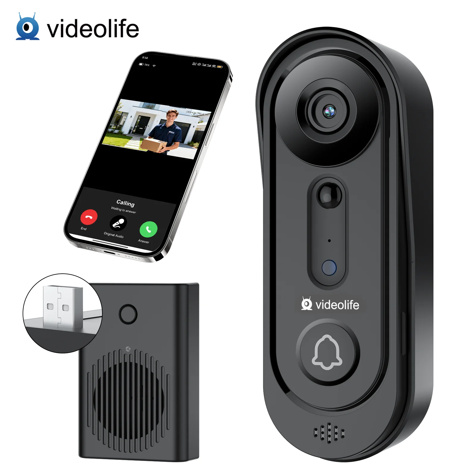 Videolife 1080P Wireless Smart Doorbell Camera Home WiFi Video Intercom PIR Motion Sensor Night Vision Smart Home SecurityBundle 1