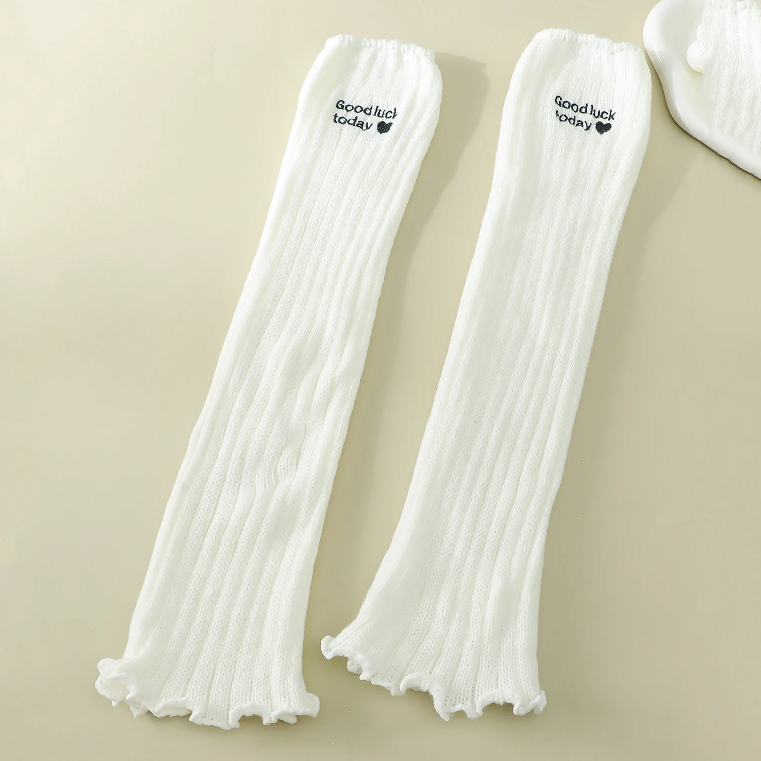 1 Pair Girl's Letter Embroidery Ruffled Knit Leg Warmers, Heart Pattern Trendy Comfy & Breathable Knee-High Boots Socks