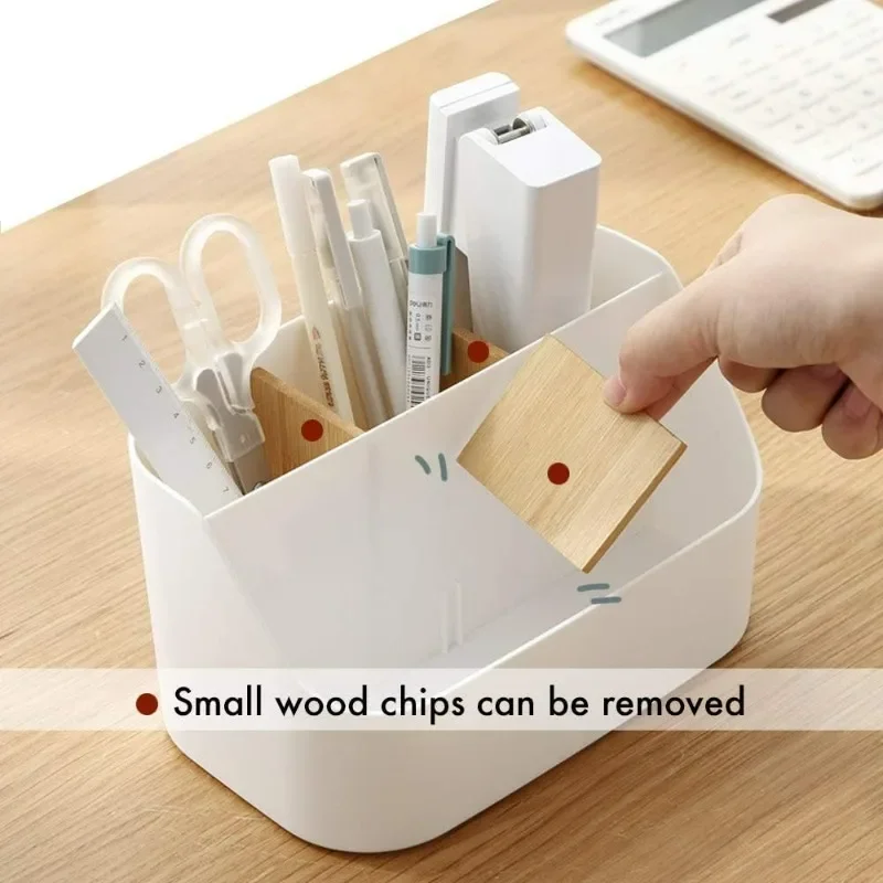 Organizer da scrivania, organizer e accessori per ufficio, porta pennelli per trucco, porta telecomandi con divisorio mobile in legno - immagine 2