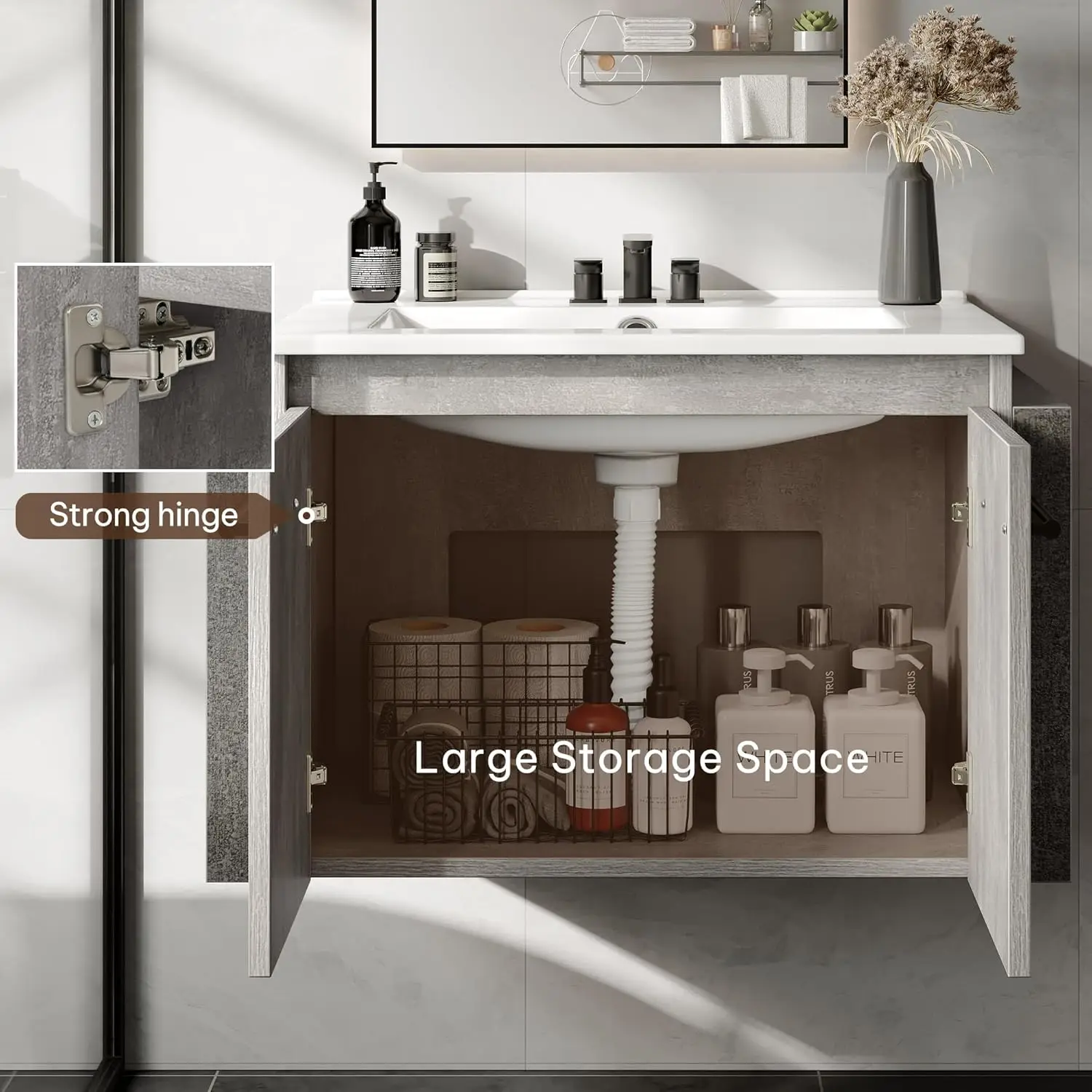 new 24 Inch Floating Vanity Bathroom Sink Combo, Grey Wall Mounted Modern Vanity, Bathroom Cabinet Vanity with Soft-Closing 3