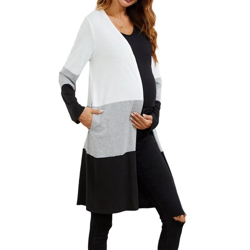 Autumn Winter Casual Striped Knitted Maternity Long Casual Coat Oversize Loose Straight Clothes for Pregnant Women Pregnancy