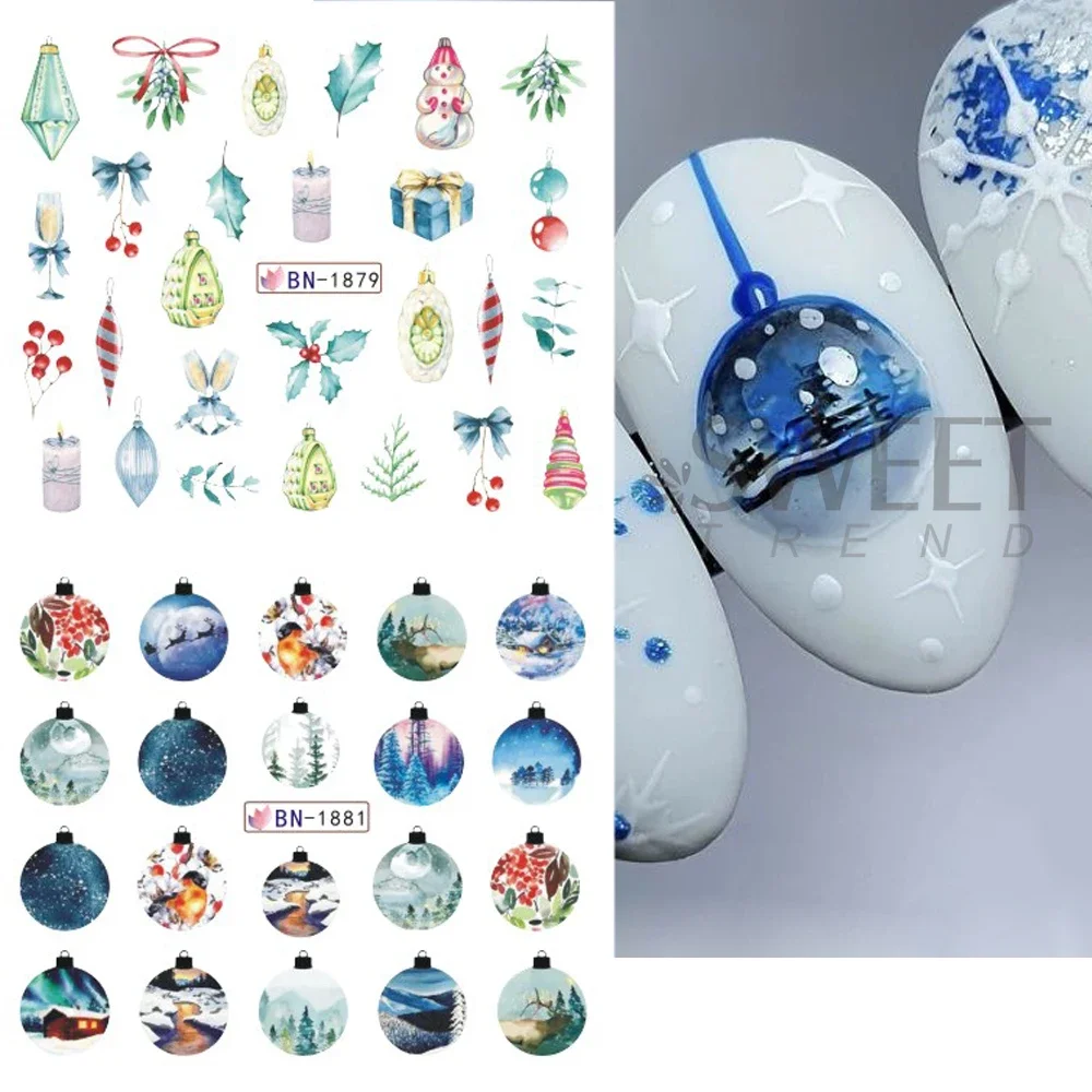 1/2 Sheets Christmas Nail Stickers Water Transfer Decals Holiday Cartoon Design Snowman Snowflake Sliders Manicure Decorations