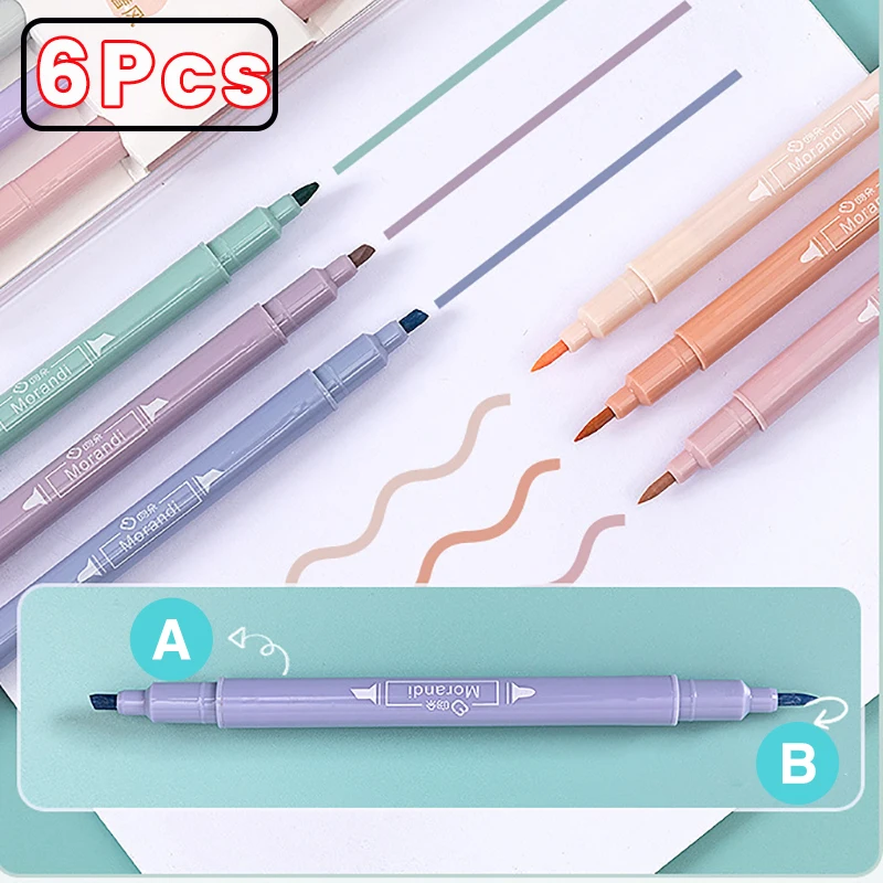 Rotulador de doble cabezal para estudiante, marcador de arte, papelería, 6 unids/set, Color sólido