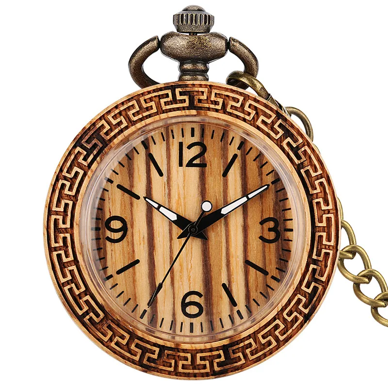 Classical Sandalwood Pocket Watch Men Women Retro Wooden Quartz Analog Clock with Arabic Number Dial Luminous Hand Pendant Chain