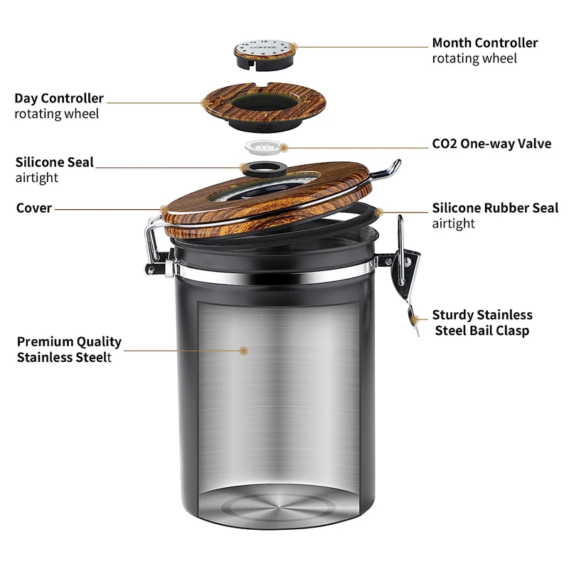 Auto Vacuum Sealed Coffee Canister & Scoop - Vacuum Seal Canister -  Airtight Coffee Container For Ground Coffee- Stainless Steel Coffee Bean  Storage 