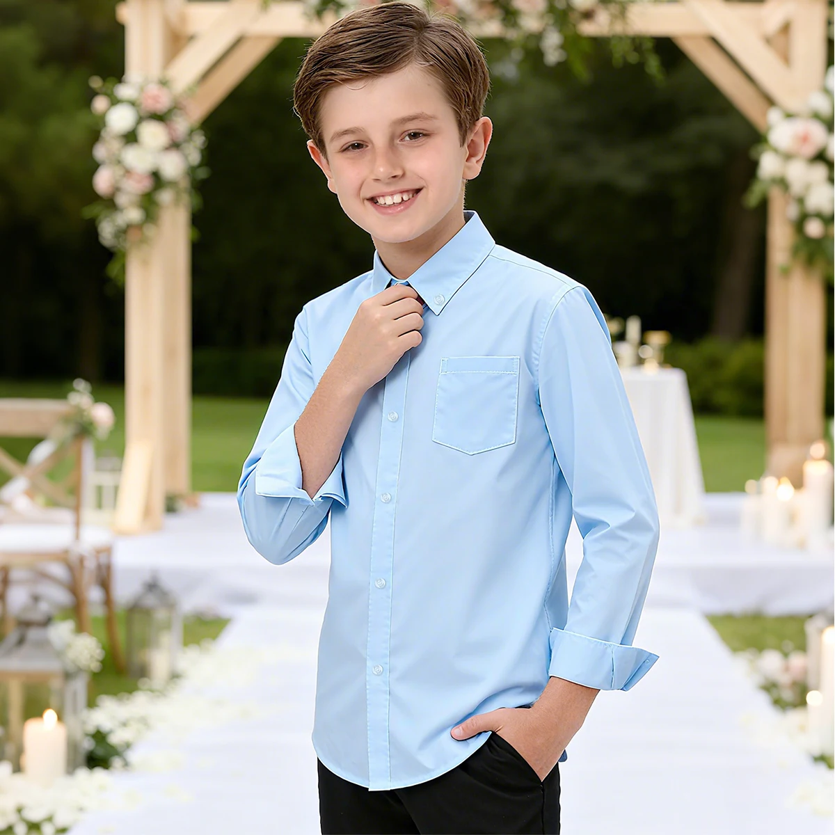 Boys Light Blue Oxford Button-Down Dress Shirt for Special Occasions