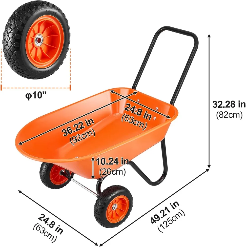 Wheelbarrow Cart，2 Wheels Garden Dump Cart, Garden Wagon with Handle, 10" Wide Track Wheels, Easy Loading Utility Yard Cart