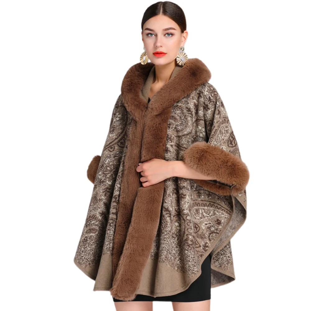 

Зимнее теплое пончо, пальто с воротником из кроличьего меха и капюшоном, имитация кашемира, свободная накидка, женский свитер, кардиган, шаль, накидка