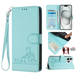 Cat Design Leather Phone Case Wallet with Wrist Strap and Flip Cover for Oppo Reno 12 5G (YB-C-Mint green)