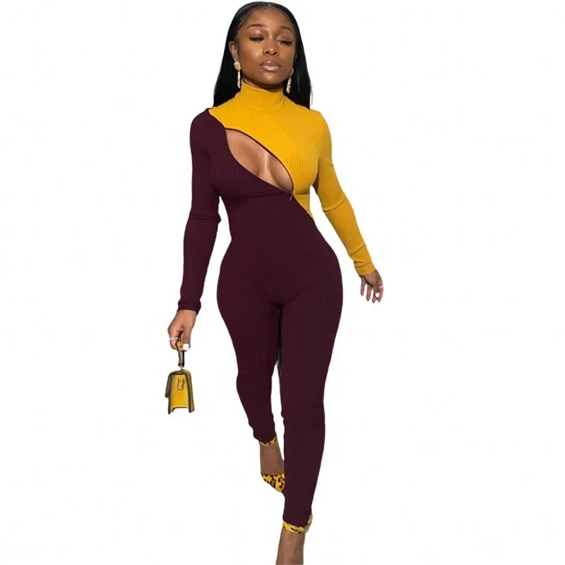 Sexy Tight Jumpsuit Women Long Sleeved Pit Strip High Necked Sports Bodysuit Trousers Street Autumn African Clothing New 2023 graffiti jeans men s autumn street fashion   tight trousers trousers trendy handsome straight all matching ripped pants