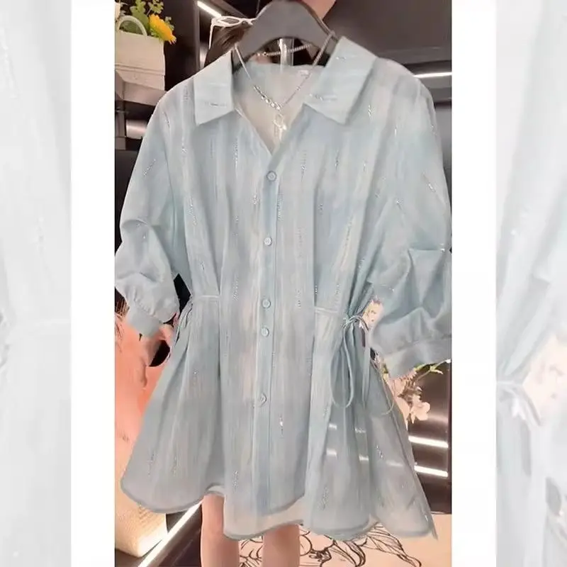 Camicia con colletto POLO in vita con lacci sbavata per donna Estate nuovo cardigan con maniche a sbuffo e top con diamanti - immagine 2