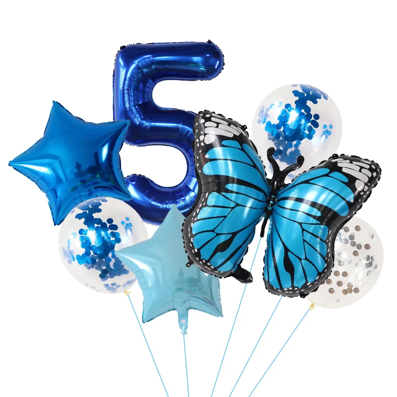 Blue Butterfly Birthday Balloon Set - 7-Piece Party Decoration Kit