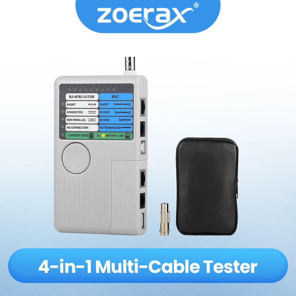 Network cable tester 4-in-1 RJ45 Network& Phone Multi-Cable Tester with LED Display for RJ11/RJ45/BNC/USB 90m Range 9V Powered without Battery