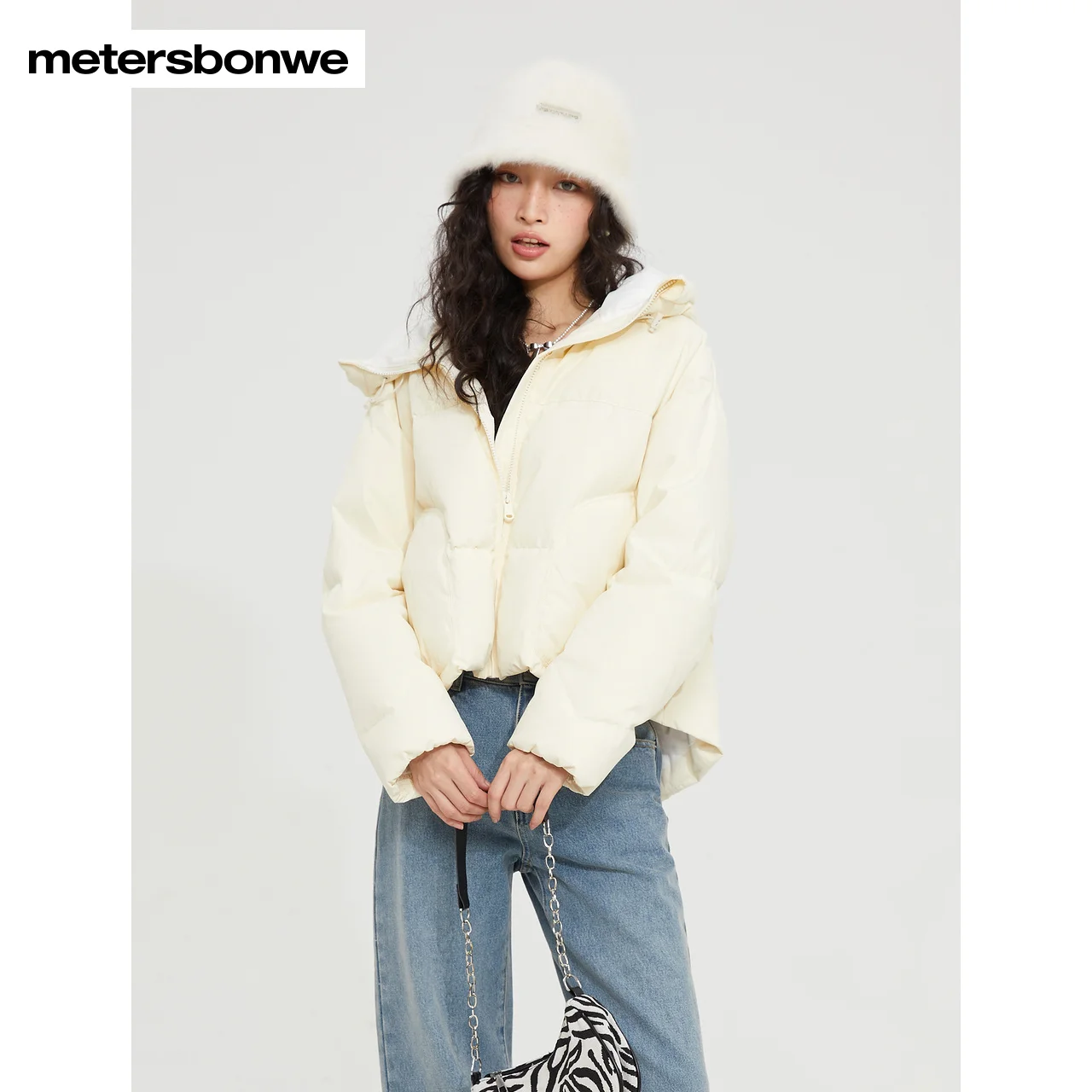 Metersbonwe Short  Down Jacket Women Lapel Collar Parker Coat Ladies 2023 New Fashion Basic Warm Jackets White Outerwear