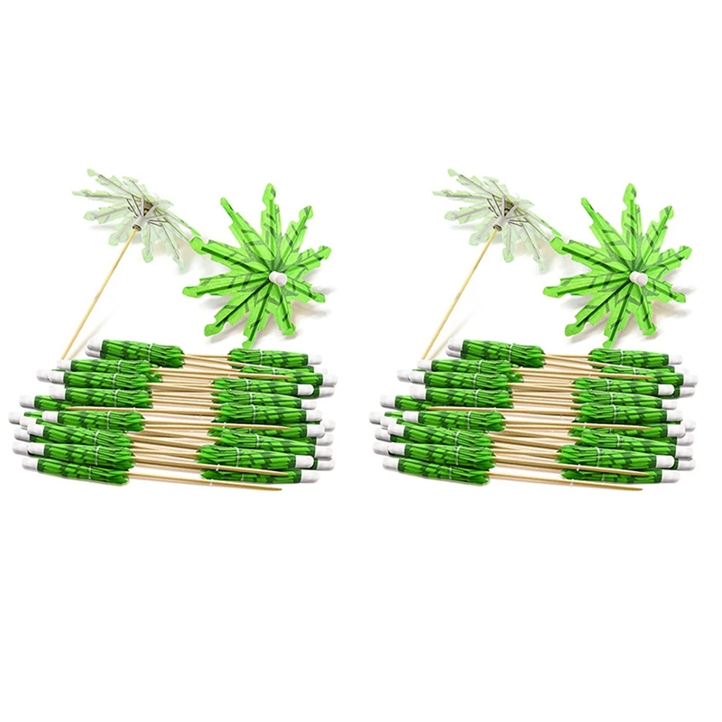 80X Green Coconut Tree Toothpicks Paper Umbrellas Toothpicks Handmade Cocktail Parasol Sticks For Cocktail Decorations