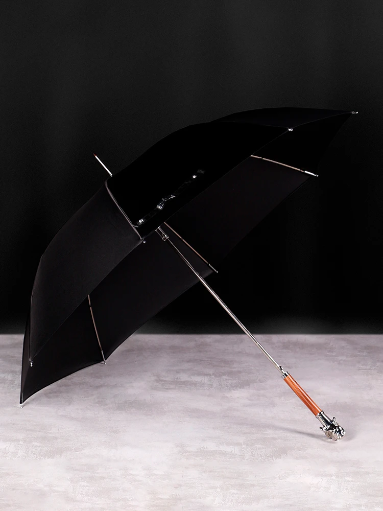 Metal Dog Head Wood Long Handle Umbrella Men Luxury Sunny Rain Umbrella Women Windproof Reinforced Big Black Business Umbrellas