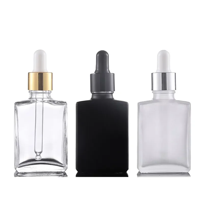 

240Pcs 30ml Frosted Clear Matte Black Beard Oil Square Glass Bottle Dropper 1OZ CBD Essential Oil Empty Containers for Cosmetics