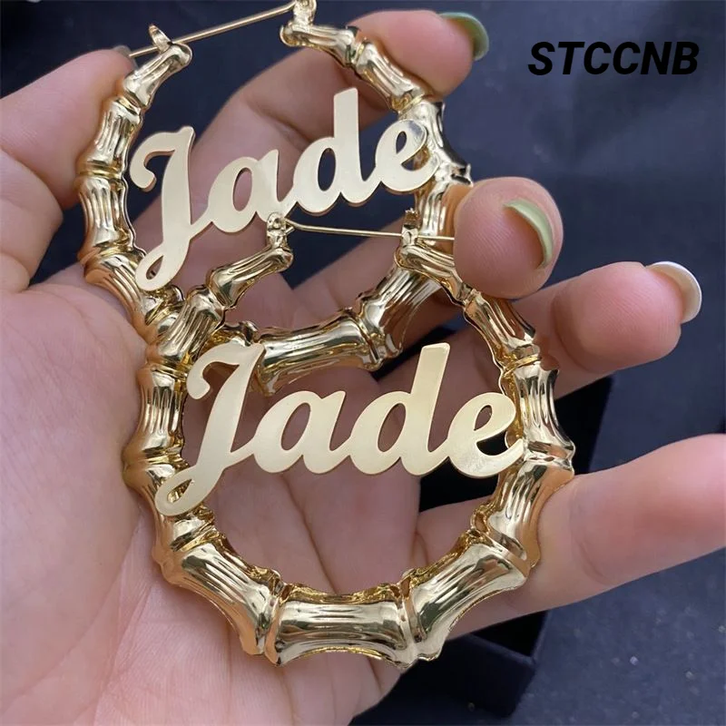 STCCNB Custom Stainless Steel For Women Custom Gold Bamboo Hoop Exaggerated Earrings Name Alphabet Hip Hop Style Jewelry Gift