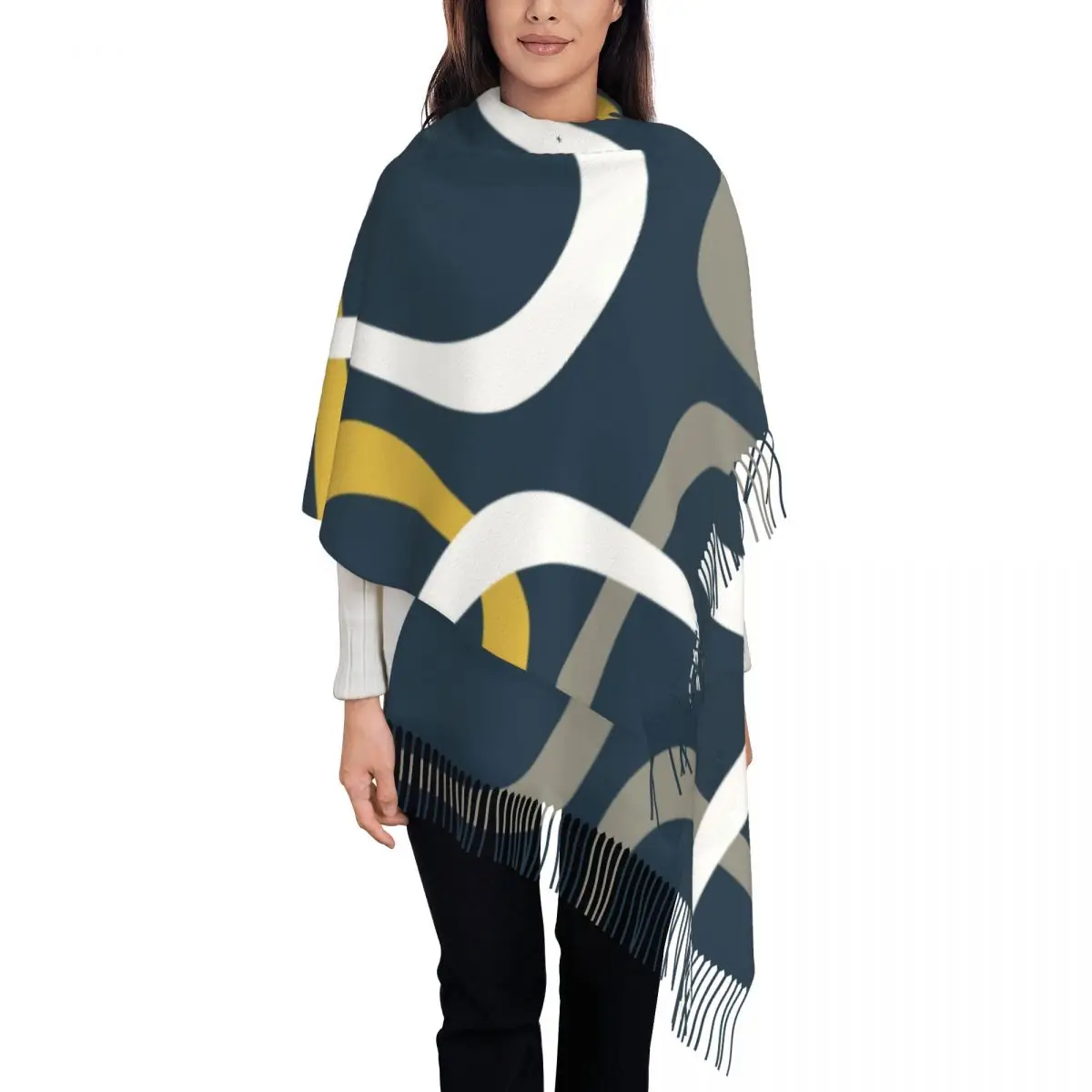 

Midcentury Modern Retro Loops Pattern Scarf Wrap Women Long Winter Tassel Shawl Unisex Minimalist Abstract Geometric Scarves