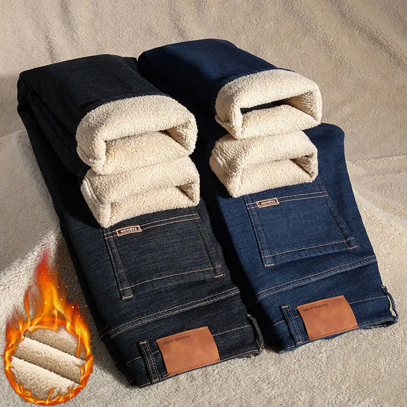 Plus Size 44 46 Casual Sherpa Warm Jeans Men Winter Velvet Thick Trousers denim pants denim trousers men trousers Loose Straight Business Classic Fleece Denim Pants