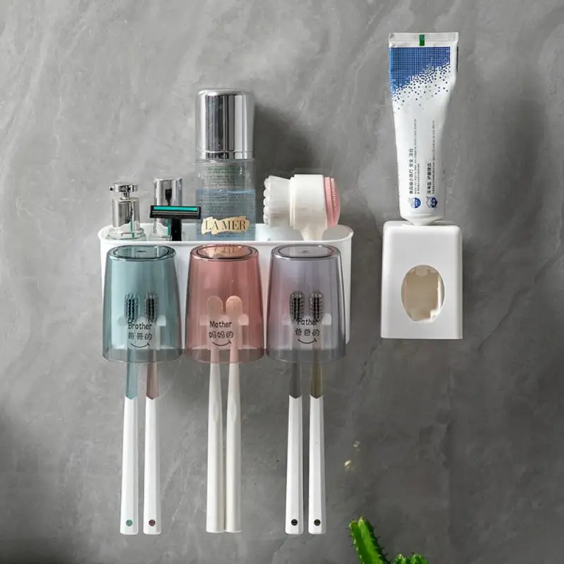 

Toothbrush Holder Wall Set Toothbrush Cup Mouthwash Cup Toothpaste Squeezer Tooth Cup Household Washing Shelf With Free Sticker