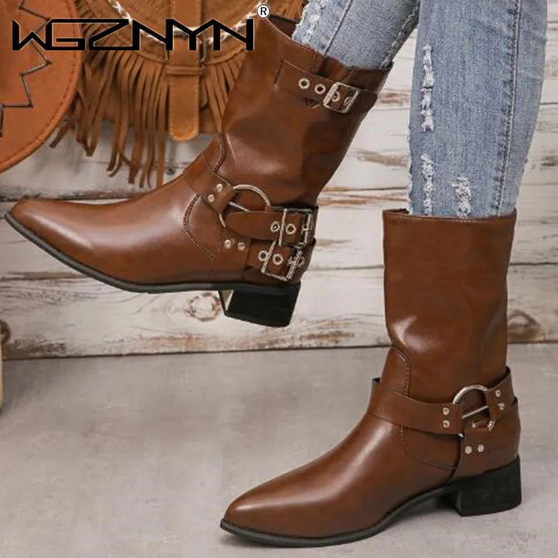 

Женские зимние сапоги до середины икры, модная обувь для женщин, женская обувь без шнуровки на квадратном каблуке, лидер продаж, женские сапоги с ремешком и пряжкой, зима 2023