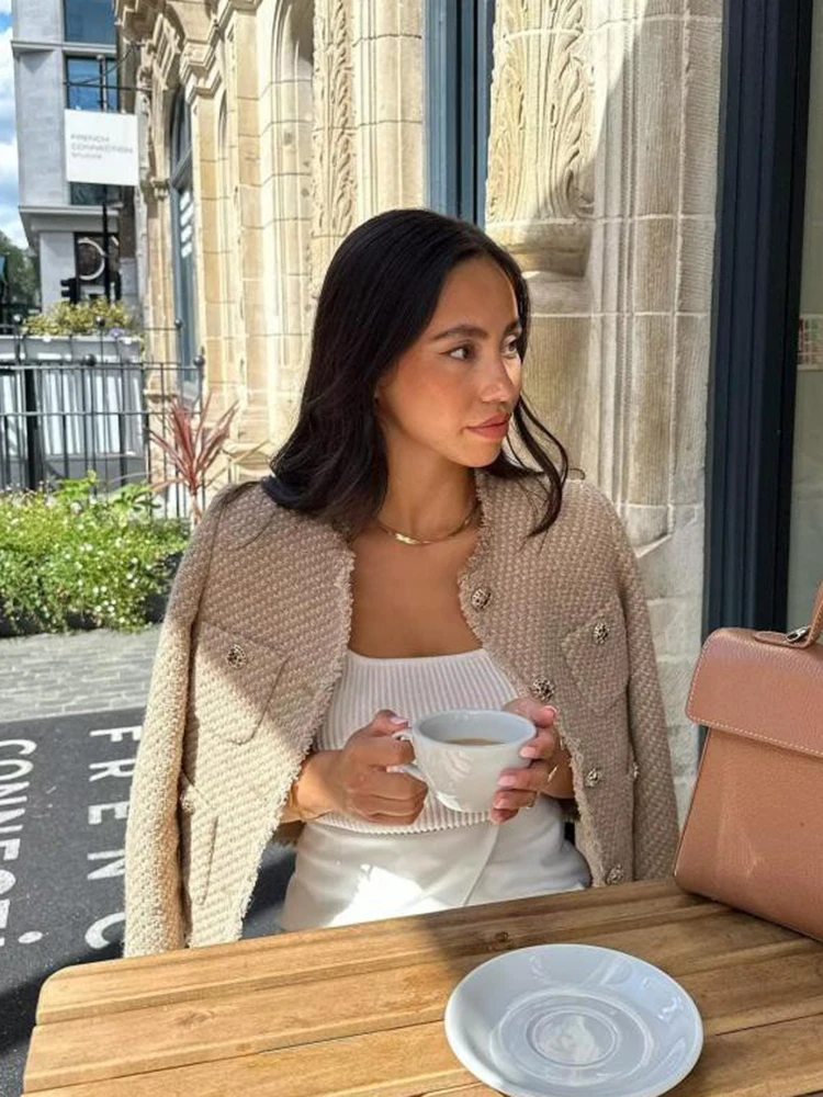 여성용 O-넥 포켓 짧은 코트, 긴 소매 싱글 브레스트 트위드 재킷, 2023 세련된 크롭 코트, 가을 패션, 신상