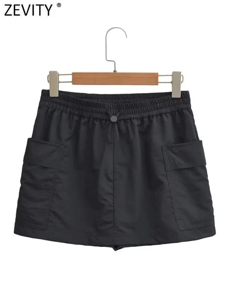 

ZEVITY Women Fashion Safari Style Double Pockets Patch Black Shorts Lady Elastic Waist Hot Shorts Chic Pantalone Cortos QUN4749