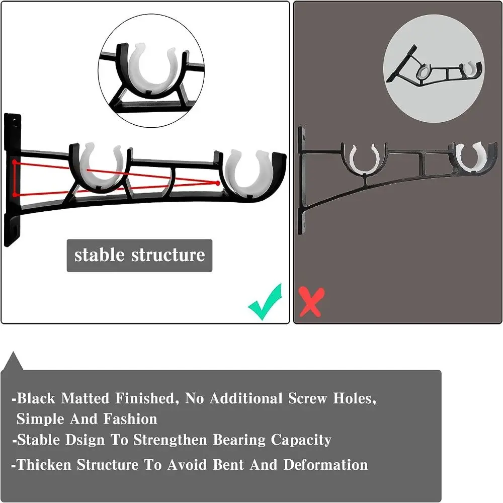 1/4PCS Black Curtain Rod Brackets Wall Curtain Rod Retainers Double Bracket Hooks Aluminum Alloy Hangers