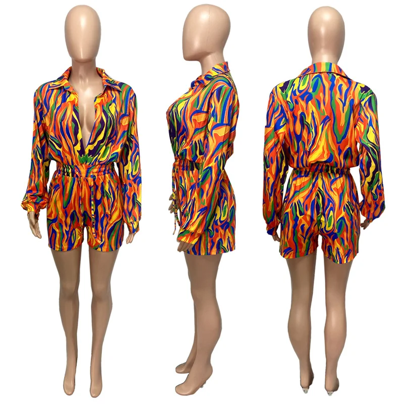 Znaiml Sexy Tie Dye Print Long Sleeve Shirt Romper Playsuit for Women y2k Jumpsuit One Pieces Shorts Party Night Club Outfits