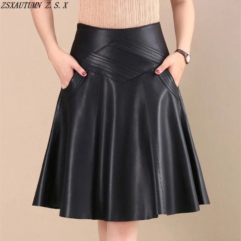 

2023 Autumn and Winter New PU Leather Skirt Pleated Skirt High Waist Female Slim Mid-length Black Fashion A-line Leather Skirt