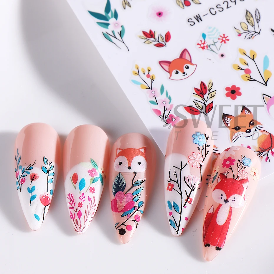 2pcs Cartoon Fox Nail Art Stickers Cute Fox Leaf Flower Nail Decals DIY Adhesive Slider Autumn Design Charms Manicure Decoration