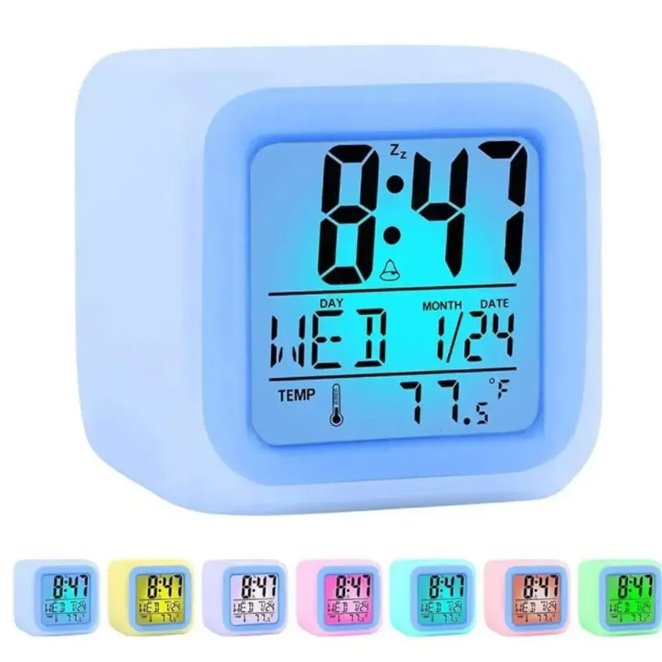 Creative Color-Changing Square Alarm Clock with Temperature, Calendar, and Time Display, Innovative Home Nightlight Alarm Clock