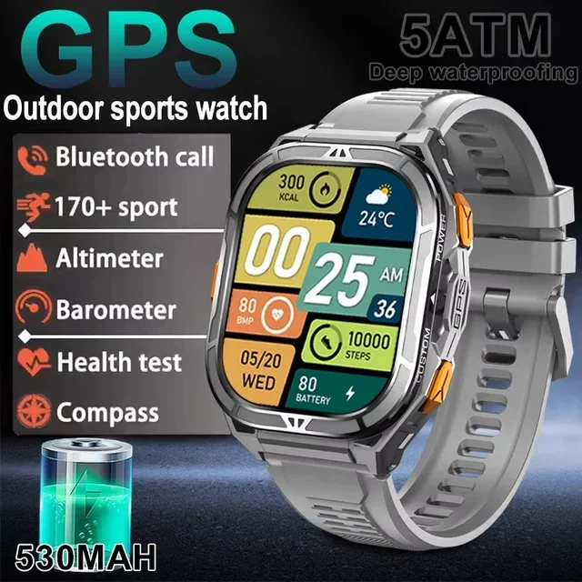 2025 novo gps relógio inteligente masculino 1.96 polegadas hd tela amoled bússola bluetooth chamada 5atm à prova dwaterproof água esporte relógio inteligente para android ios
