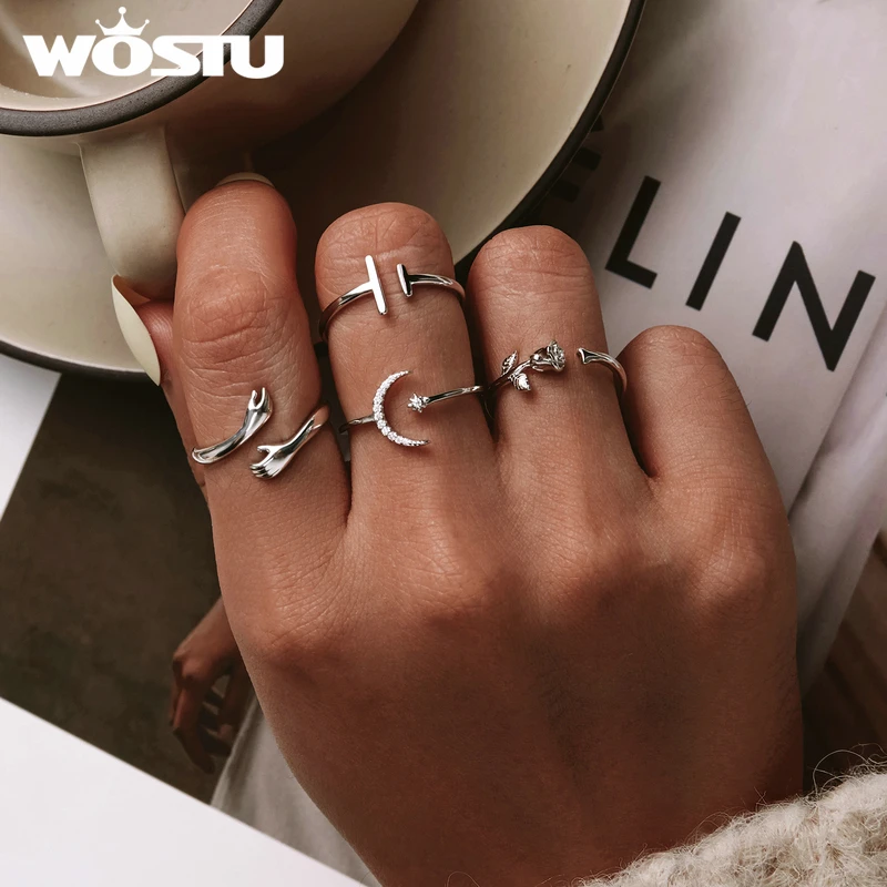 WOSTU-리얼  오픈 반지, 손가락 사이즈 조절 가능 결혼 반지, 여성용 약혼 패션 실버 주얼리 선물