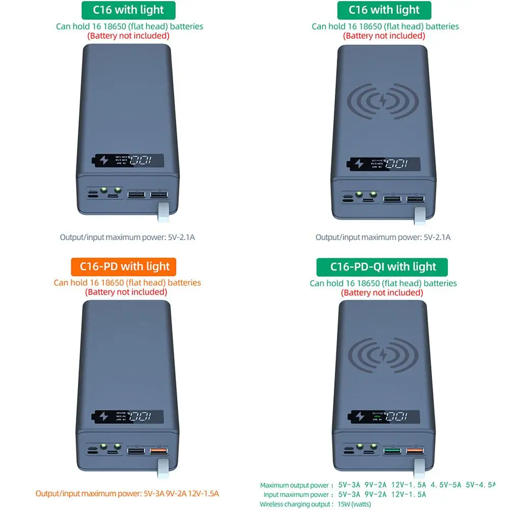 휴대용 파워뱅크 케이스 16*18650 C16 USB 무용접 파워뱅크 케이스 분리형 QC 3.0 PD DIY 쉘 하우징