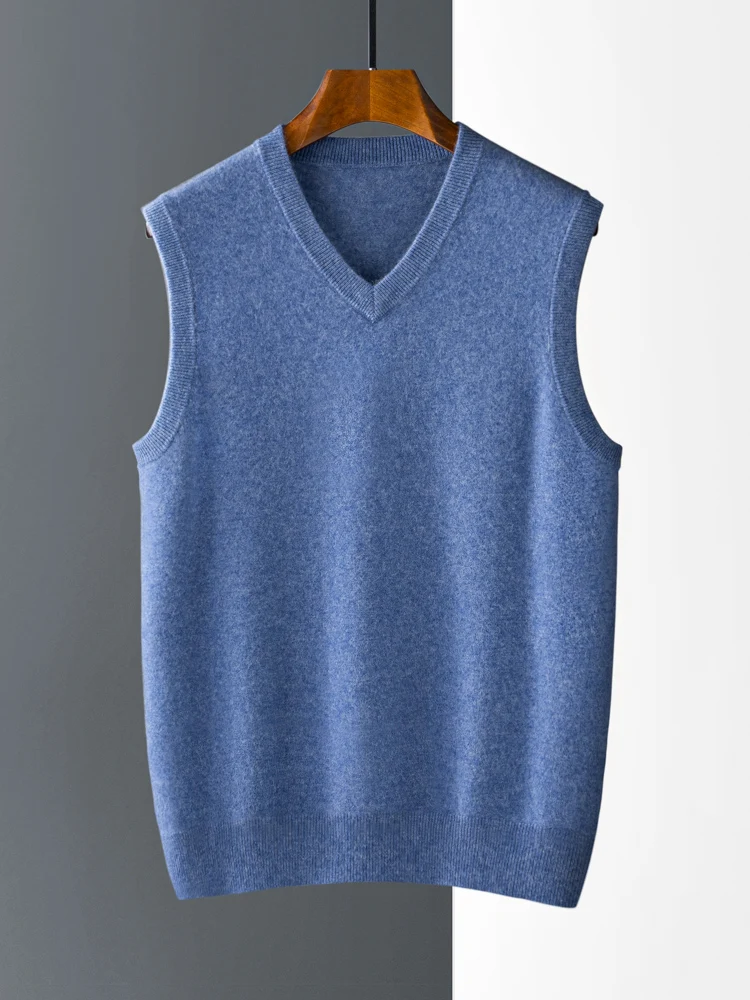 High Quality Men Autumn Winter Sweater 100% Cashmere Sleeveless Soft Wam Basic  V-neck Pullover Knitwear Clothing Tops