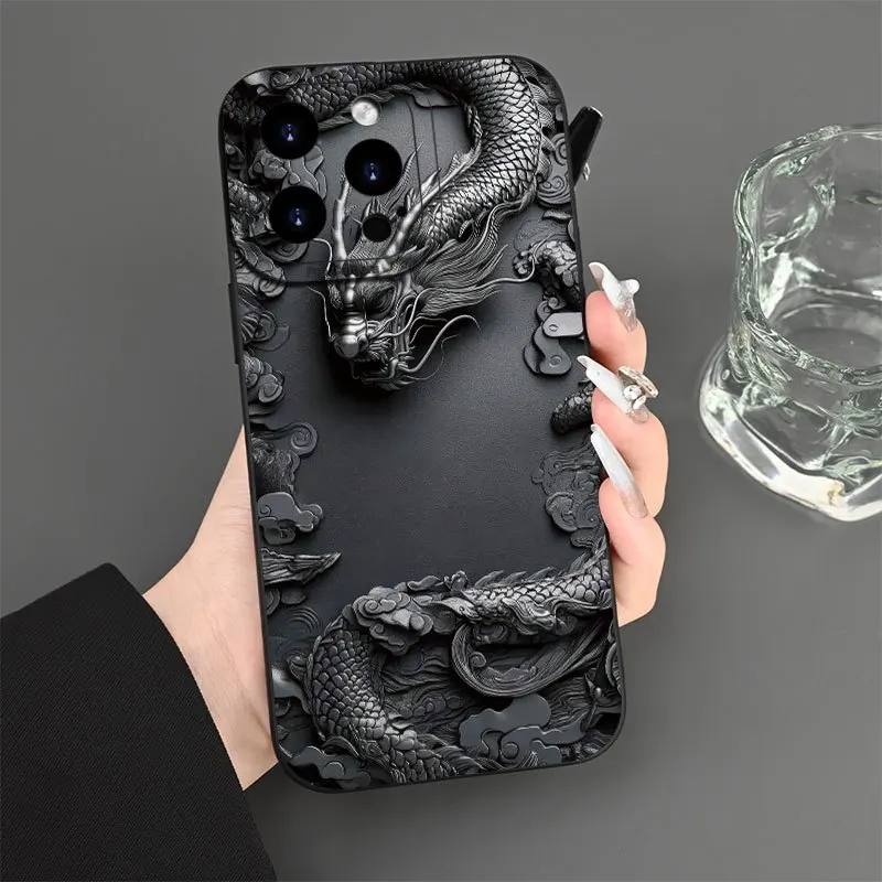 Elegant Black Chinese Loong Pattern Soft Matte Phone Case with Relief Design