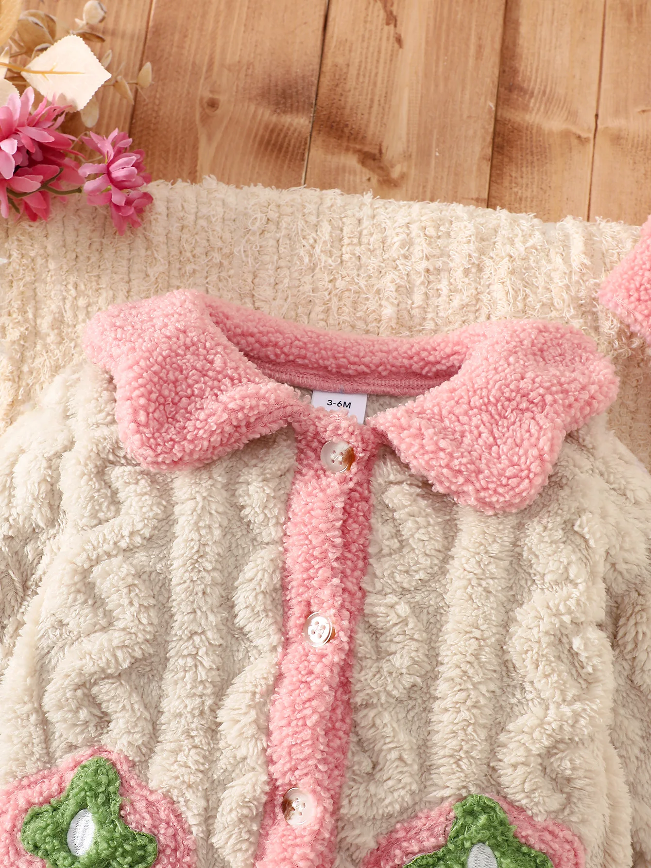 Baby Thick Double-Sided Fleece Doll Collar Romper Set Sweet 3D Strawberry Pocket Cable Knit Romper + Matching Warm Hat Soft and Warm for Winter Outings 3