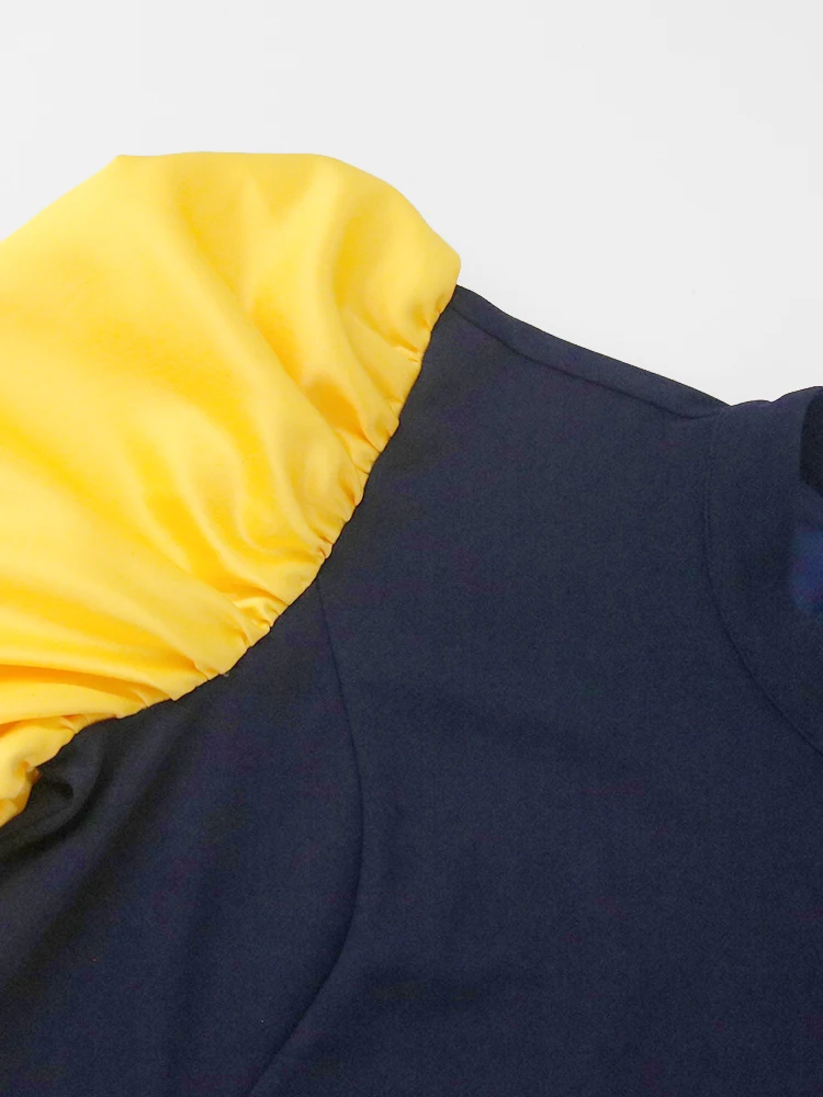 Patchwork Women Navy Blue Jumpsuits Yellow Pleated Long Sleeve High Waist Long Rompers Wide Leg Pants Overalls 4XL Big Size Fall